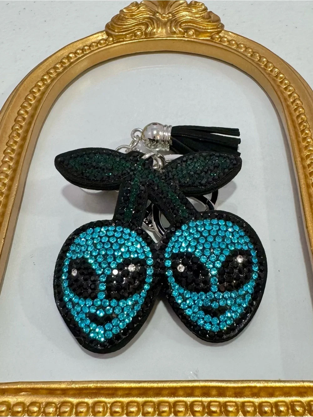 New Crystal Alien Cherries Keychain - Teal & Black